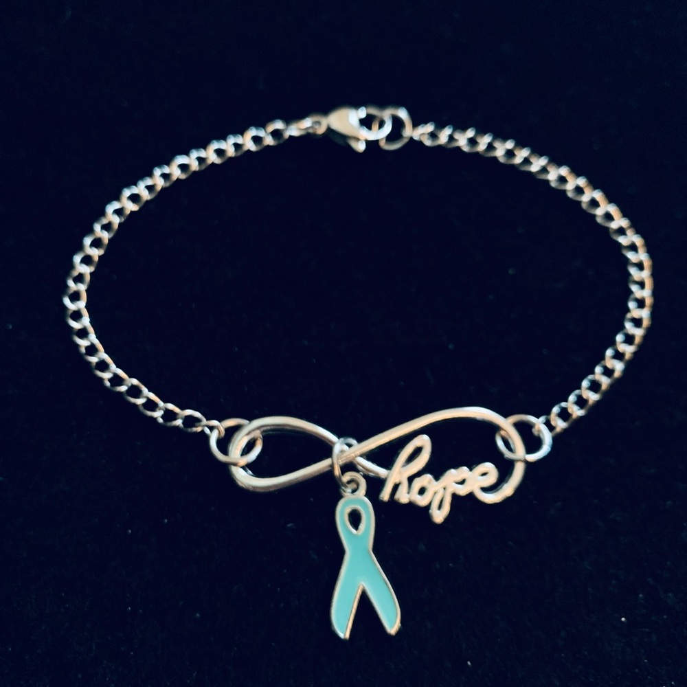 Infinity “Hope” stainless steel bracelet with teal ribbon charm - Picture 4 of 5